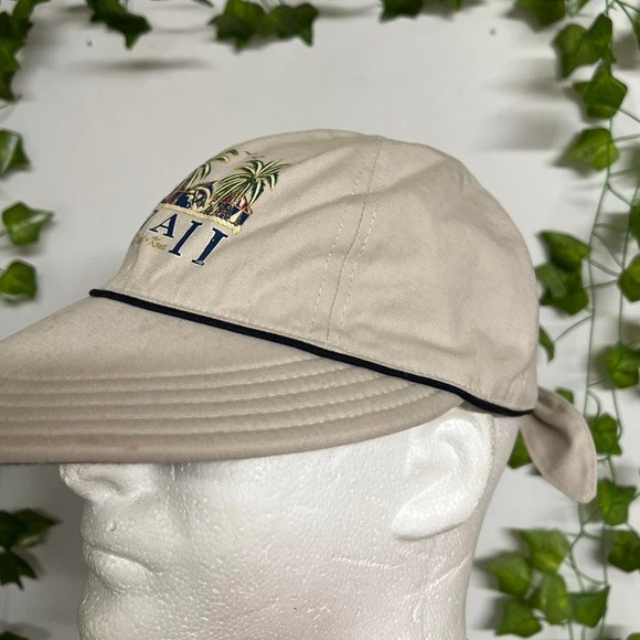 Vintage 90s‎ Hawaii Islands Womens Tie Back Hat Brimmed Soft Beige Cap OSFA USA - Picture 5 of 8